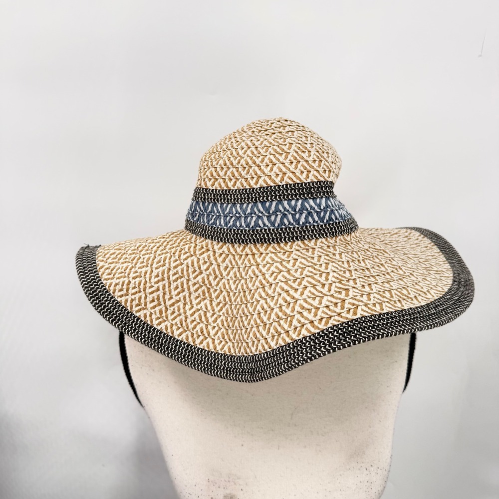Magid Hats Straw Sun Hat Womens OS Tan Navy Blue Wide Brim Floppy Beach Boho